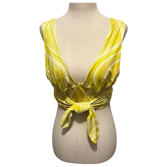 New Urban Outfitter Yellow Swirl Plunge Neckline Crossed Tie Back Crop Top SmalL - Picture 5 of 11